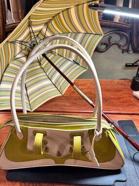 Deborah Lewis Umbrella Handbag Set Chartreuse & Cream Leather Matching Sun Shade
